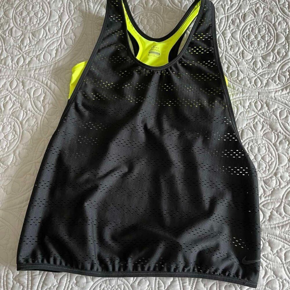 Women’s Running Dri Fit Nike Racerback Tank Top Size  M Black Neon Yellow - Picture 3 of 7